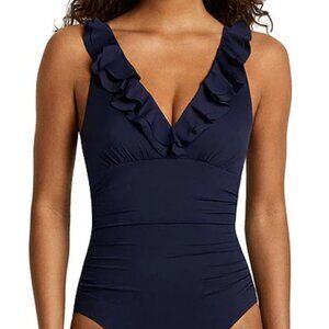 Lauren Ralph Lauren Core Solid Ruffle Underwire Swimsuit - Blue - Size 14